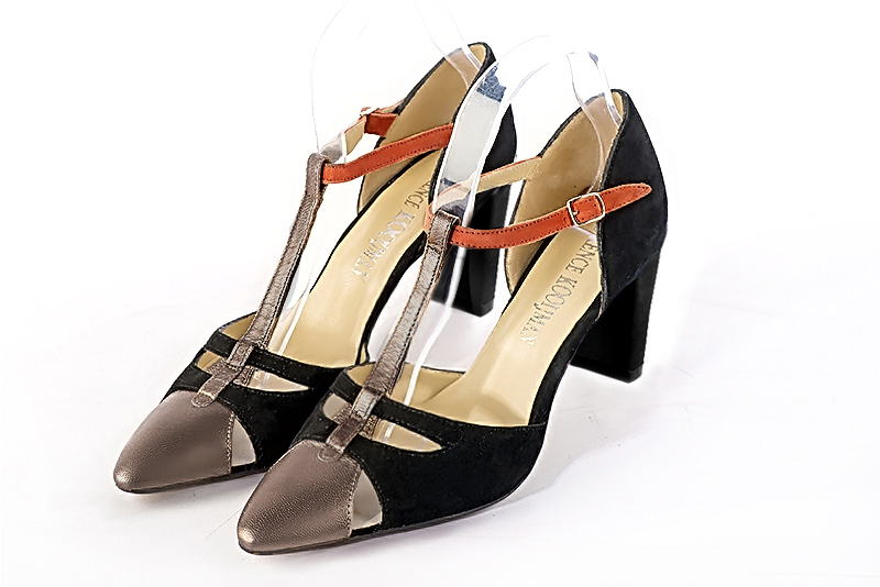 Bronze gold, matt black and terracotta orange women's T-strap open side shoes. Tapered toe. Medium comma heels. Front view - Florence KOOIJMAN
